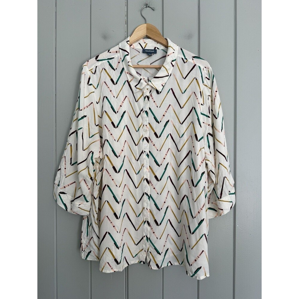 Modcloth Top 4X Pen Pencil Print Button Front Blouse Rayn 3/4 Sleeve Ivory Plus